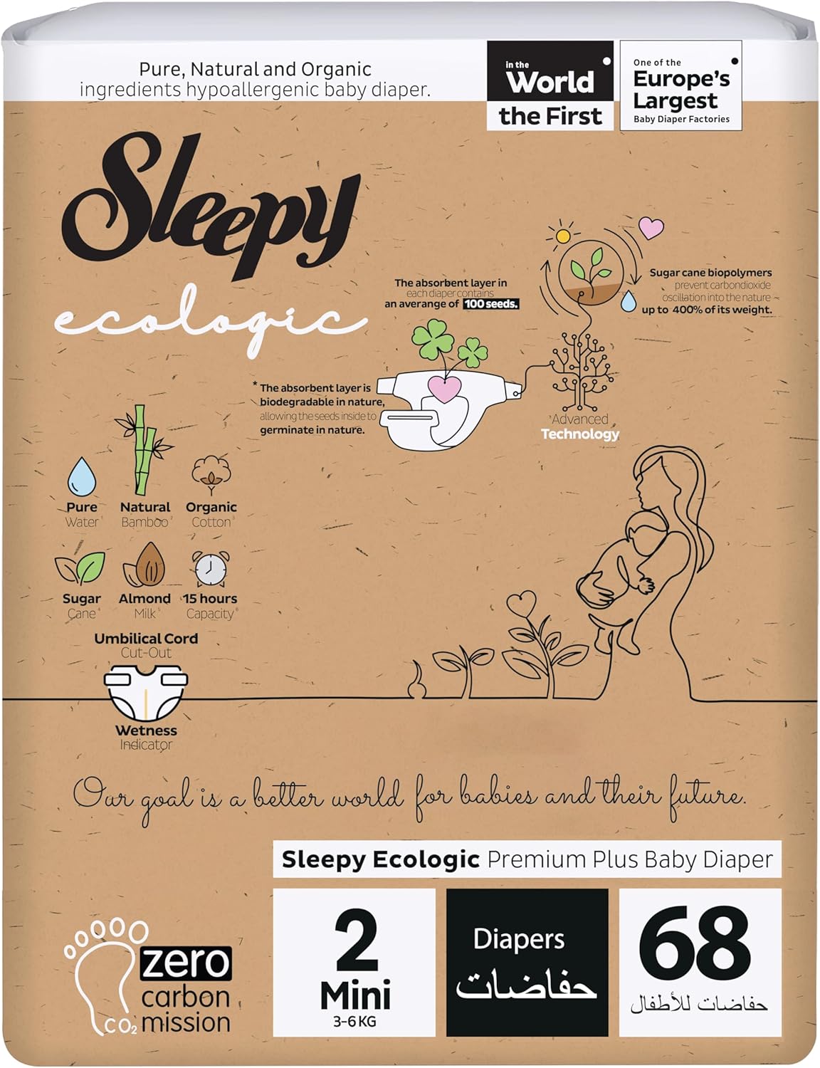 Sleepy Ecologic Premium Plus Baby Diapers, Size 2 (3-6 kg), 68 Count - Hypoallergenic & Biodegradable